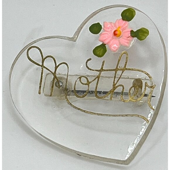 Vintage Heart-Shaped Mother Pin With Pink Flower Clear Lucite 1940s Brooch - Picture 3 of 6